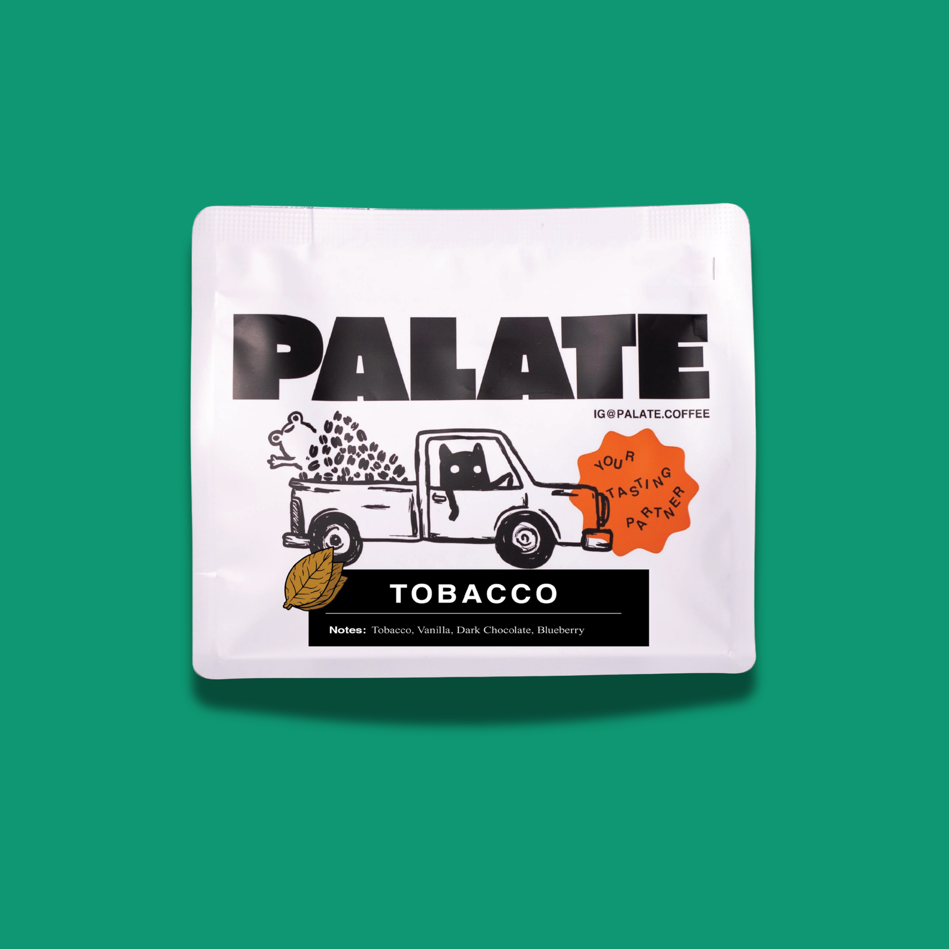 Tobacco coffee blend by Palate Coffee, featuring rich notes of tobacco, vanilla, dark chocolate, and blueberry, crafted from Colombia, Brazil, and Ethiopia beans.